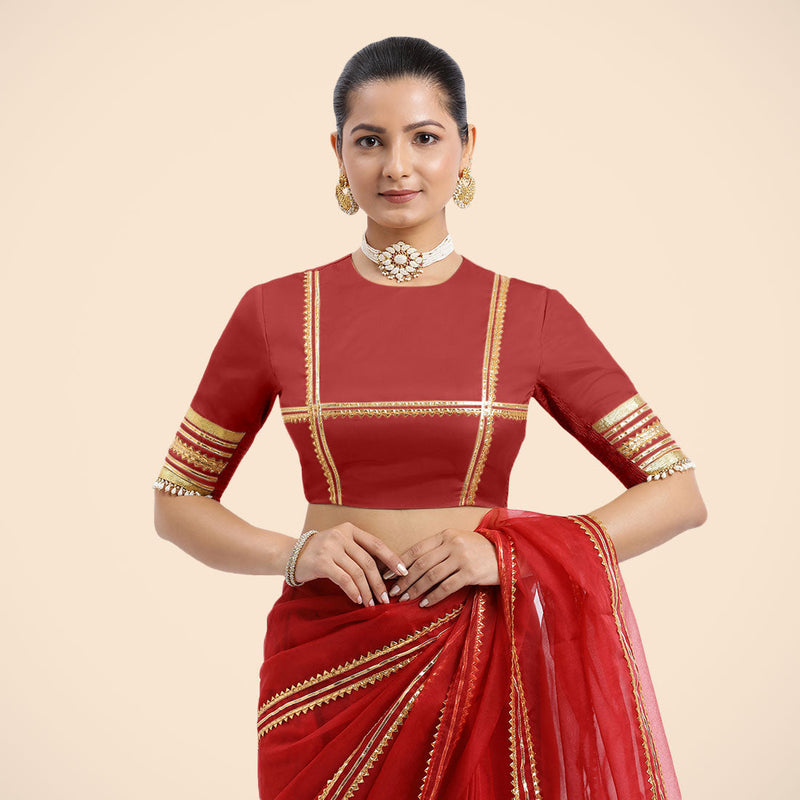 Farheen x Tyohaar | Crimson Red Embellished Elbow Sleeves FlexiFit™ Saree Blouse with Zero Neck with Back Cut-Out and Golden Gota Embellishment-Binks