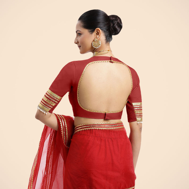 Farheen x Tyohaar | Crimson Red Embellished Elbow Sleeves FlexiFit™ Saree Blouse with Zero Neck with Back Cut-Out and Golden Gota Embellishment-Binks
