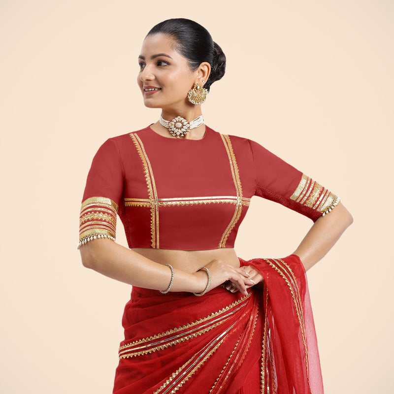 Farheen x Tyohaar | Crimson Red Embellished Elbow Sleeves FlexiFit™ Saree Blouse with Zero Neck with Back Cut-Out and Golden Gota Embellishment-Binks