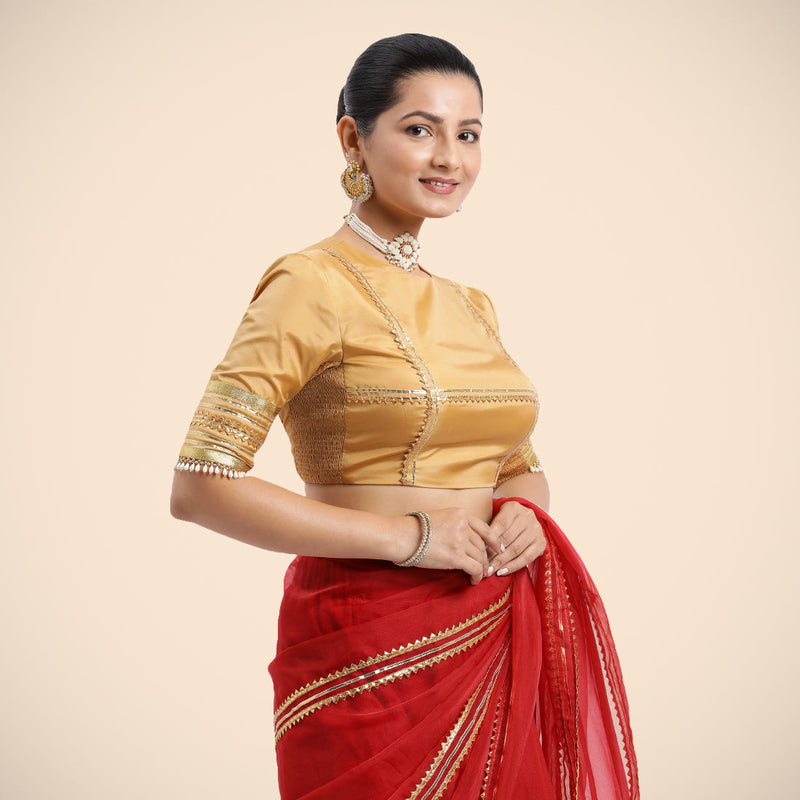 Farheen x Tyohaar | Gold Embellished Elbow Sleeves FlexiFit™ Saree Blouse with Zero Neck with Back Cut-Out and Golden Gota Embellishment-Binks