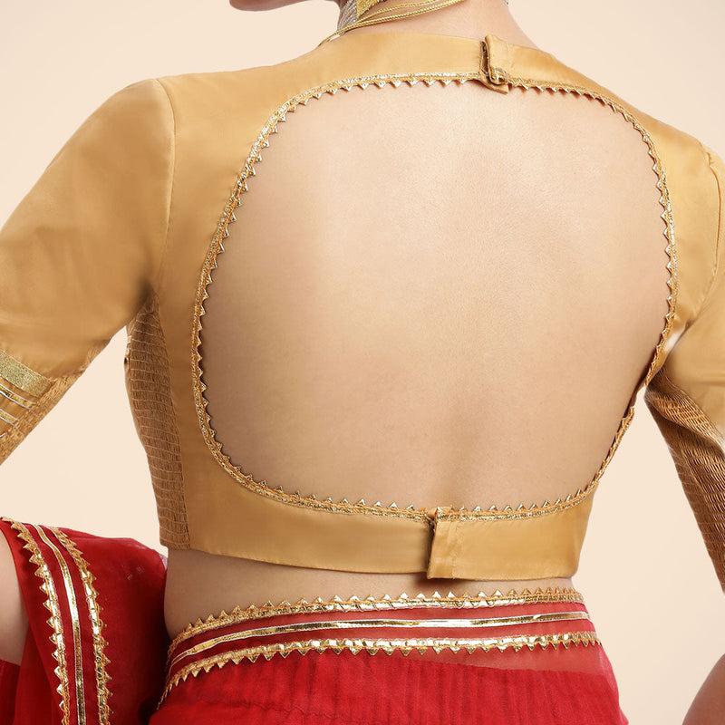 Farheen x Tyohaar | Gold Embellished Elbow Sleeves FlexiFit™ Saree Blouse with Zero Neck with Back Cut-Out and Golden Gota Embellishment-Binks