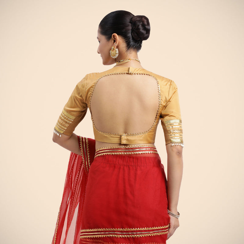 Farheen x Tyohaar | Gold Embellished Elbow Sleeves FlexiFit™ Saree Blouse with Zero Neck with Back Cut-Out and Golden Gota Embellishment-Binks