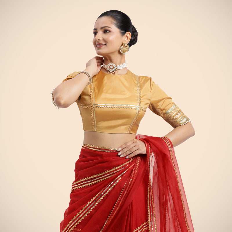 Farheen x Tyohaar | Gold Embellished Elbow Sleeves FlexiFit™ Saree Blouse with Zero Neck with Back Cut-Out and Golden Gota Embellishment-Binks