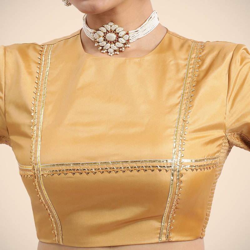 Farheen x Tyohaar | Gold Embellished Elbow Sleeves FlexiFit™ Saree Blouse with Zero Neck with Back Cut-Out and Golden Gota Embellishment-Binks