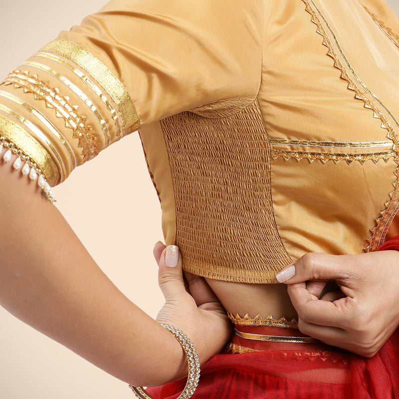 Farheen x Tyohaar | Gold Embellished Elbow Sleeves FlexiFit™ Saree Blouse with Zero Neck with Back Cut-Out and Golden Gota Embellishment-Binks