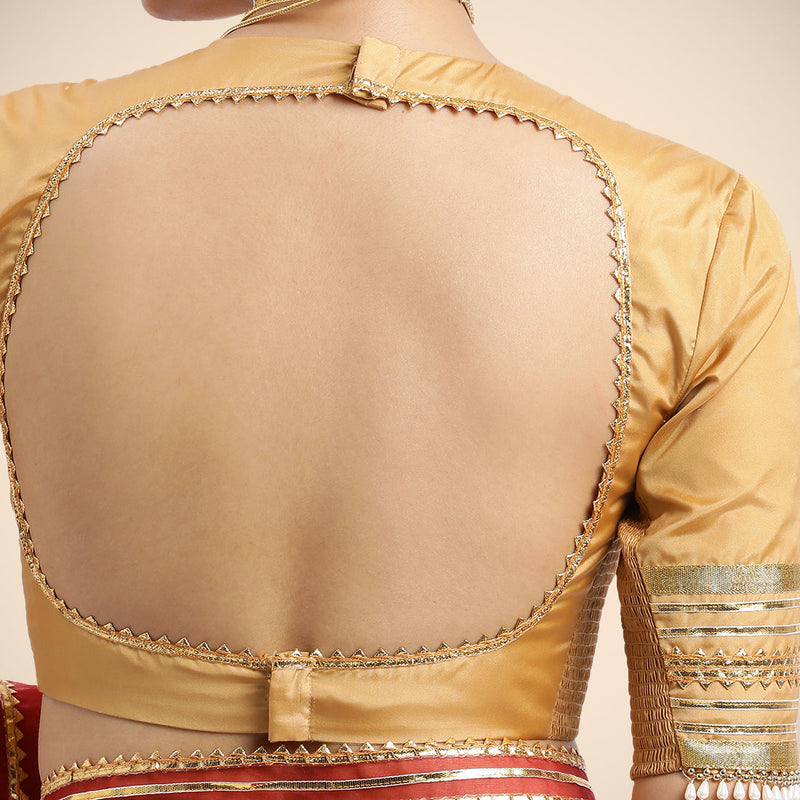 Farheen x Tyohaar | Gold Embellished Elbow Sleeves FlexiFit™ Saree Blouse with Zero Neck with Back Cut-Out and Golden Gota Embellishment-Binks