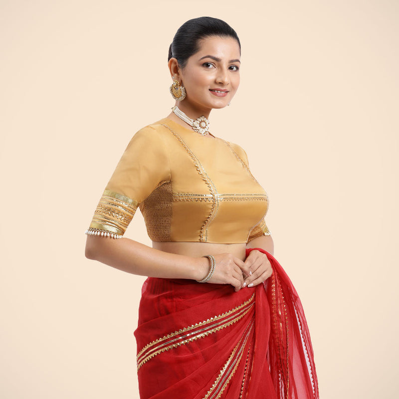 Farheen x Tyohaar | Gold Embellished Elbow Sleeves FlexiFit™ Saree Blouse with Zero Neck with Back Cut-Out and Golden Gota Embellishment-Binks