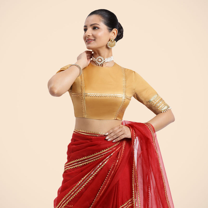 Farheen x Tyohaar | Gold Embellished Elbow Sleeves FlexiFit™ Saree Blouse with Zero Neck with Back Cut-Out and Golden Gota Embellishment-Binks