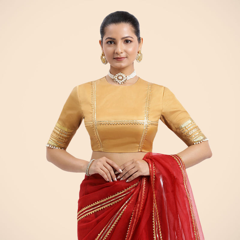 Farheen x Tyohaar | Gold Embellished Elbow Sleeves FlexiFit™ Saree Blouse with Zero Neck with Back Cut-Out and Golden Gota Embellishment-Binks