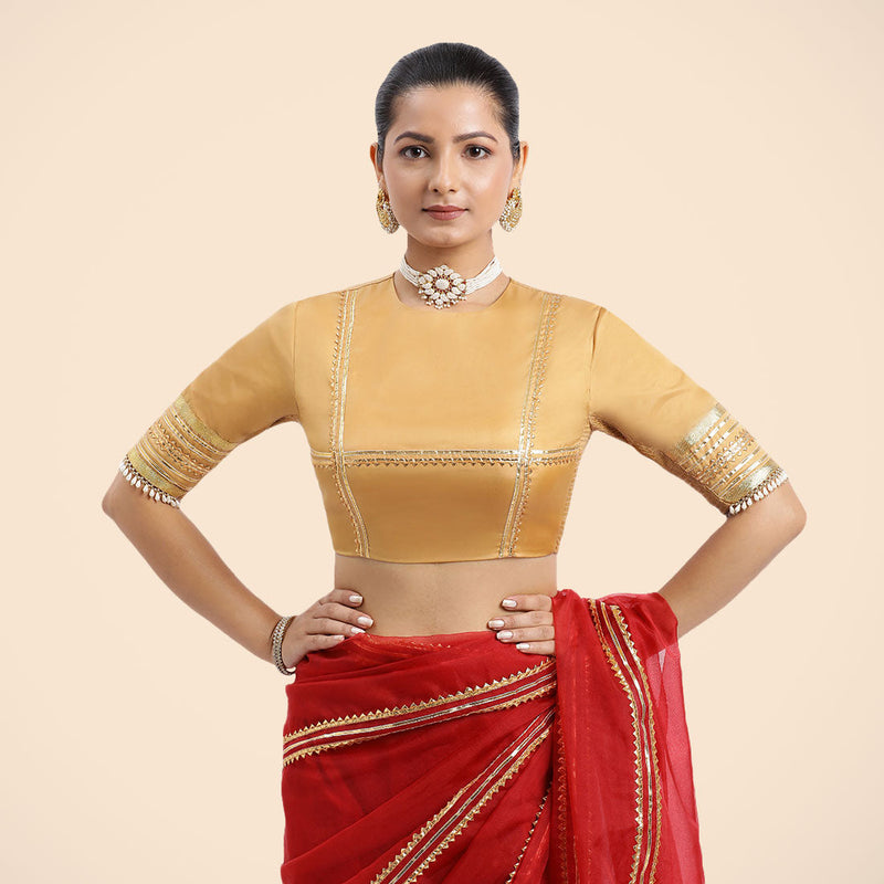 Farheen x Tyohaar | Gold Embellished Elbow Sleeves FlexiFit™ Saree Blouse with Zero Neck with Back Cut-Out and Golden Gota Embellishment-Binks