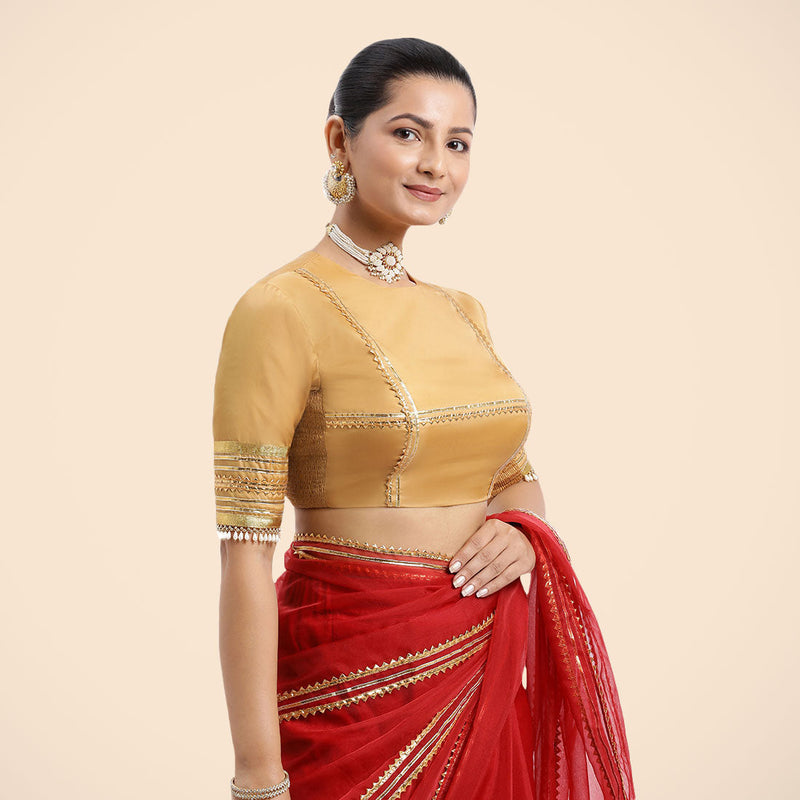 Farheen x Tyohaar | Gold Embellished Elbow Sleeves FlexiFit™ Saree Blouse with Zero Neck with Back Cut-Out and Golden Gota Embellishment-Binks