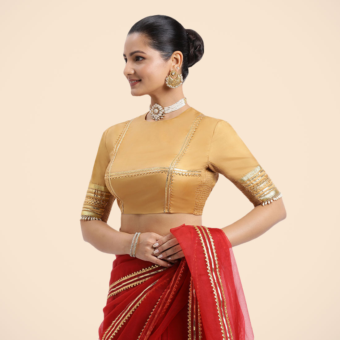 Farheen x Tyohaar Saree Blouse, in Gold Vegan Silk, featuring elbow sleeves, made for party & festive (view 5).