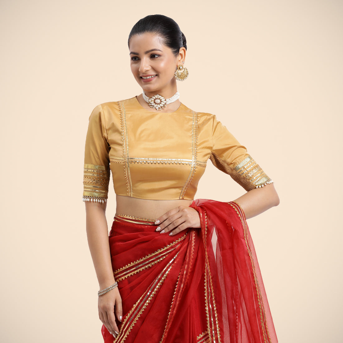Farheen x Tyohaar Saree Blouse, in Gold Vegan Silk, featuring elbow sleeves, made for party & festive (view 6).