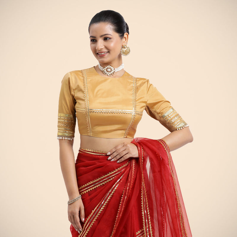 Farheen x Tyohaar | Gold Embellished Elbow Sleeves FlexiFit™ Saree Blouse with Zero Neck with Back Cut-Out and Golden Gota Embellishment-Binks