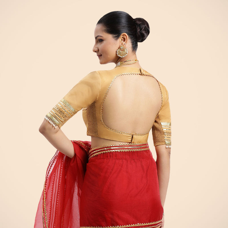 Farheen x Tyohaar | Gold Embellished Elbow Sleeves FlexiFit™ Saree Blouse with Zero Neck with Back Cut-Out and Golden Gota Embellishment-Binks