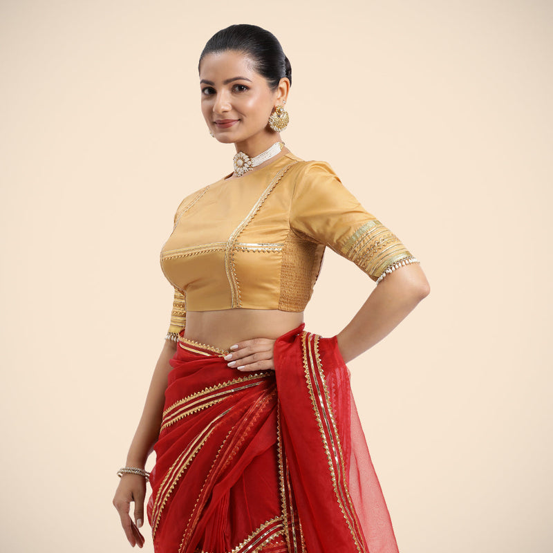Farheen x Tyohaar | Gold Embellished Elbow Sleeves FlexiFit™ Saree Blouse with Zero Neck with Back Cut-Out and Golden Gota Embellishment-Binks