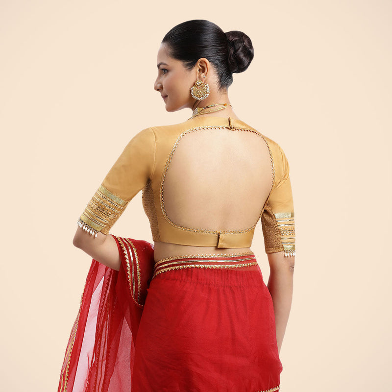 Farheen x Tyohaar | Gold Embellished Elbow Sleeves FlexiFit™ Saree Blouse with Zero Neck with Back Cut-Out and Golden Gota Embellishment-Binks