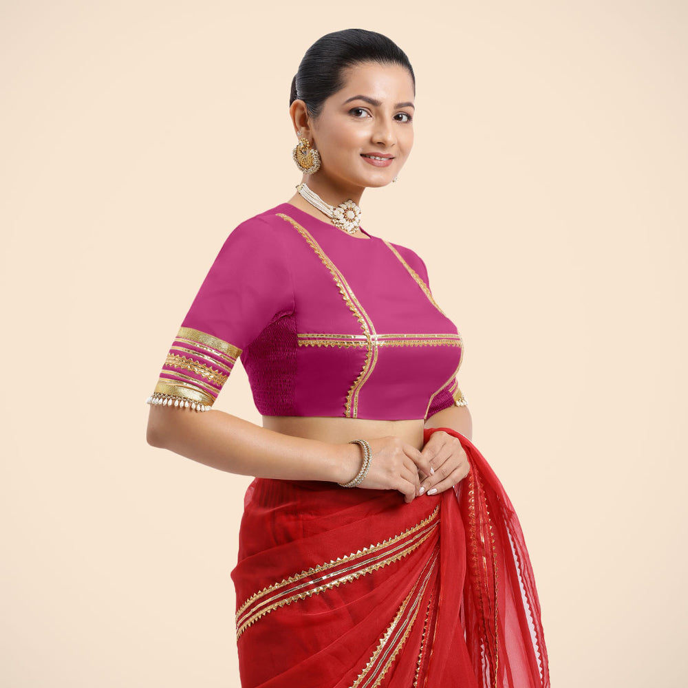 Farheen x Tyohaar | Elbow Sleeves Hot Pink FlexiFit™ Gota Embellished Saree Blouse with Jewel Neck