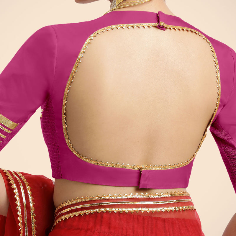 Farheen x Tyohaar | Elbow Sleeves Hot Pink FlexiFit™ Gota Embellished Saree Blouse with Jewel Neck-Binks
