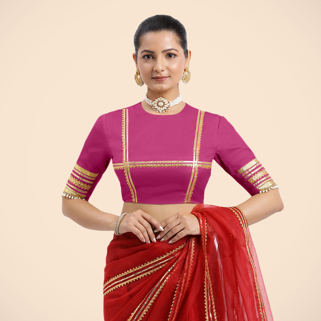 Farheen x Tyohaar Saree Blouse, in Pink Vegan Silk, featuring elbow sleeves and jewel neckline, made for party & festive.