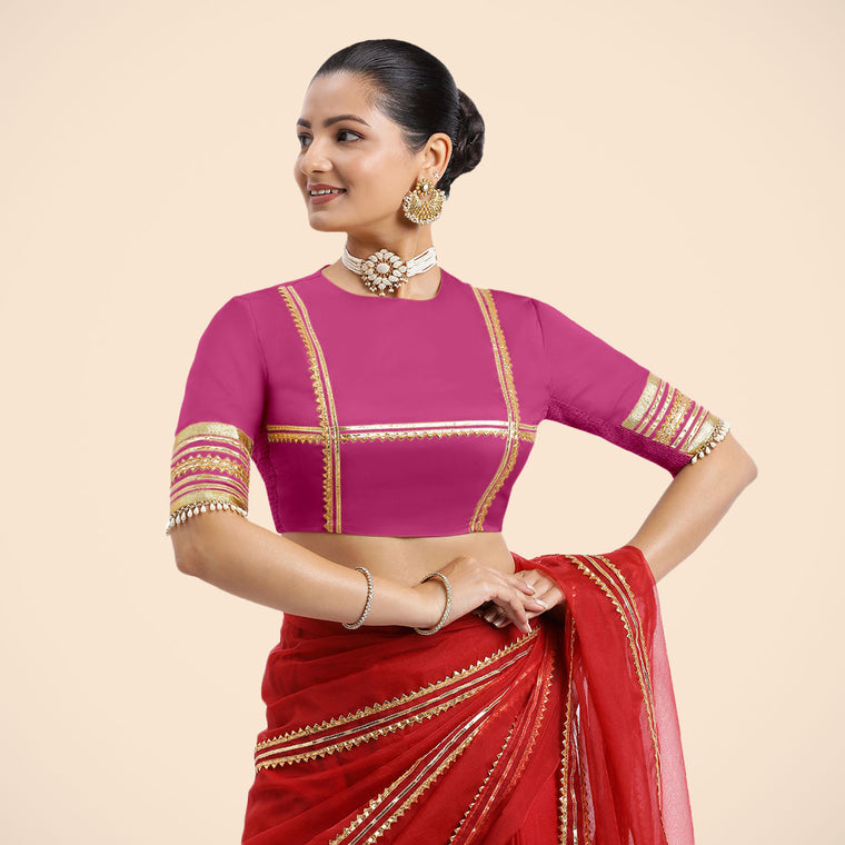 Farheen x Tyohaar Saree Blouse, in Pink Vegan Silk, featuring elbow sleeves and jewel neckline, made for party & festive.