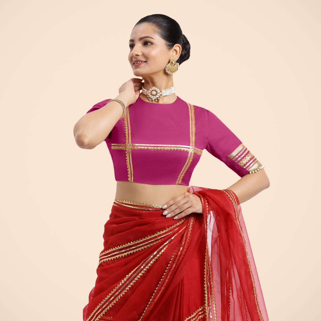 Farheen x Tyohaar Saree Blouse, in Pink Vegan Silk, featuring elbow sleeves and jewel neckline, made for party & festive.