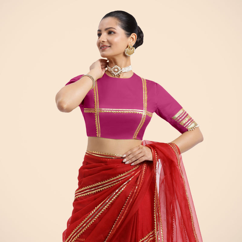 Farheen x Tyohaar | Elbow Sleeves Hot Pink FlexiFit™ Gota Embellished Saree Blouse with Jewel Neck-Binks