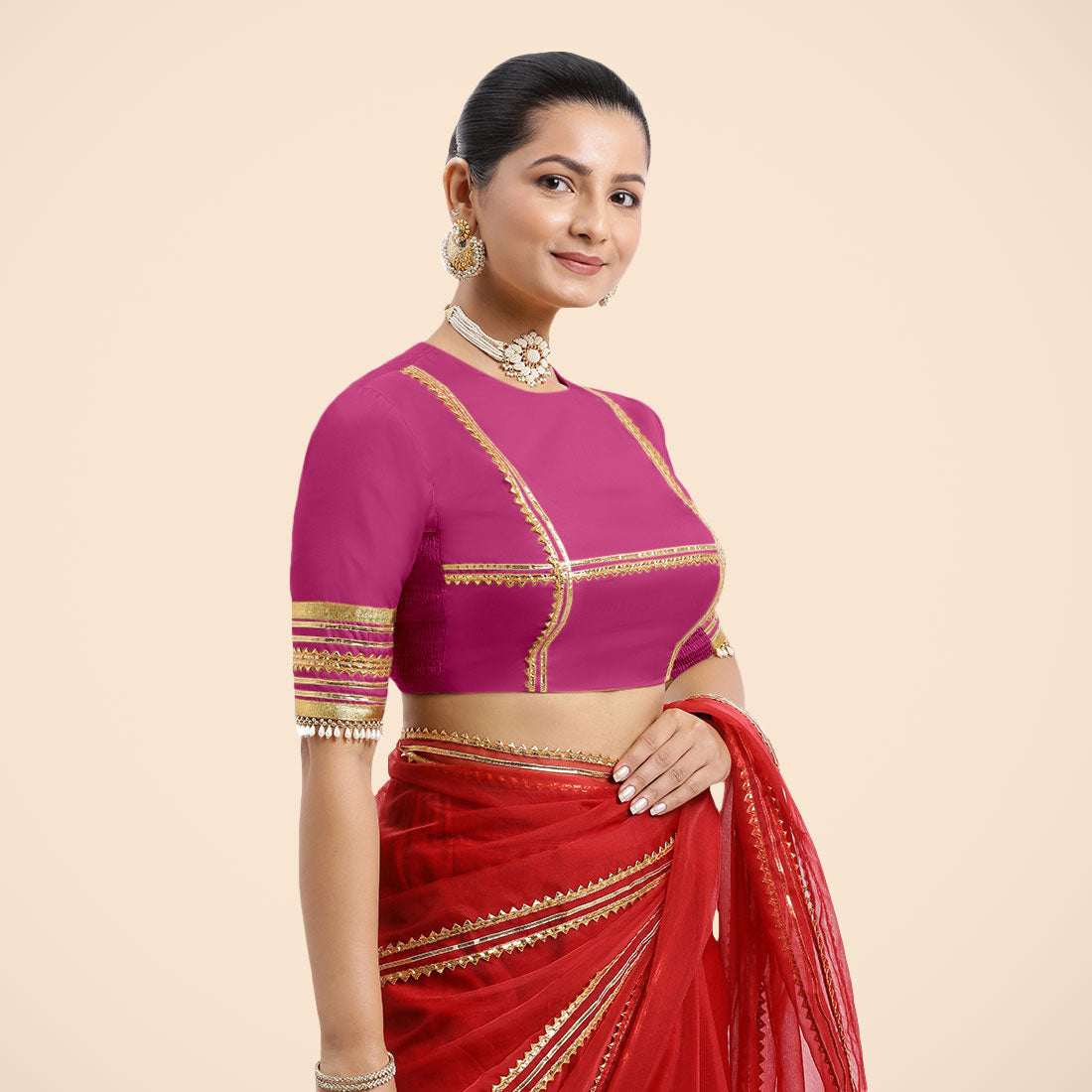 Farheen x Tyohaar Saree Blouse, in Pink Vegan Silk, featuring elbow sleeves and jewel neckline, made for party & festive.