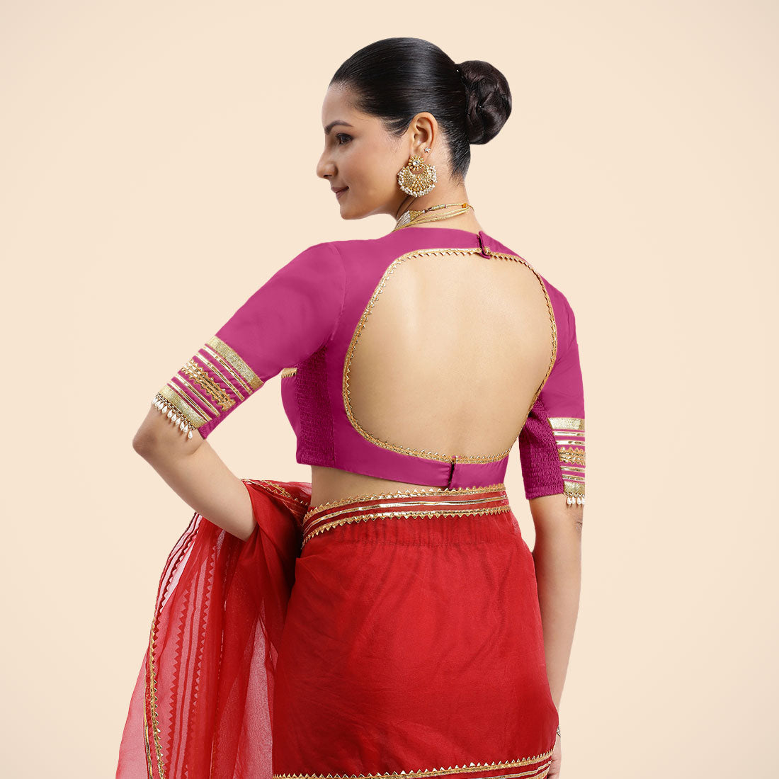 Farheen x Tyohaar Saree Blouse, in Pink Vegan Silk, featuring elbow sleeves and jewel neckline, made for party & festive.