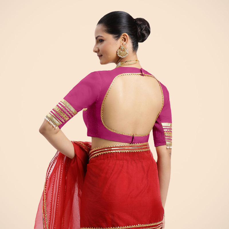 Farheen x Tyohaar | Elbow Sleeves Hot Pink FlexiFit™ Gota Embellished Saree Blouse with Jewel Neck-Binks