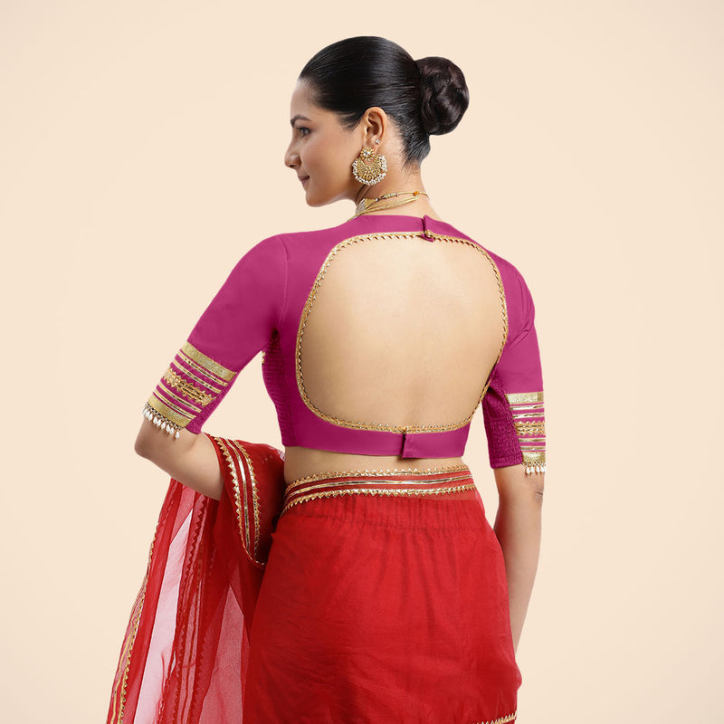 Farheen x Tyohaar | Elbow Sleeves Hot Pink FlexiFit™ Gota Embellished Saree Blouse with Jewel Neck-Binks