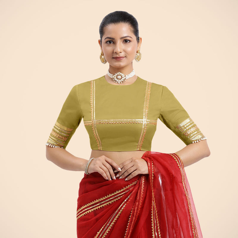Farheen x Tyohaar | Lemon Yellow Embellished Elbow Sleeves FlexiFit™ Saree Blouse with Zero Neck with Back Cut-Out and Golden Gota Embellishment-Binks