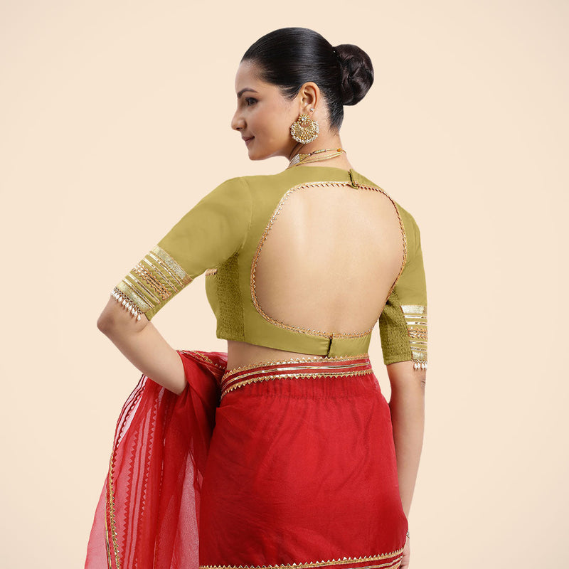 Farheen x Tyohaar | Lemon Yellow Embellished Elbow Sleeves FlexiFit™ Saree Blouse with Zero Neck with Back Cut-Out and Golden Gota Embellishment-Binks