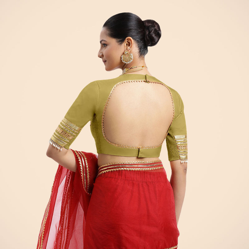 Farheen x Tyohaar | Lemon Yellow Embellished Elbow Sleeves FlexiFit™ Saree Blouse with Zero Neck with Back Cut-Out and Golden Gota Embellishment-Binks