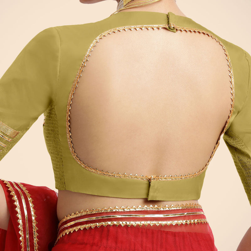 Farheen x Tyohaar | Lemon Yellow Embellished Elbow Sleeves FlexiFit™ Saree Blouse with Zero Neck with Back Cut-Out and Golden Gota Embellishment-Binks