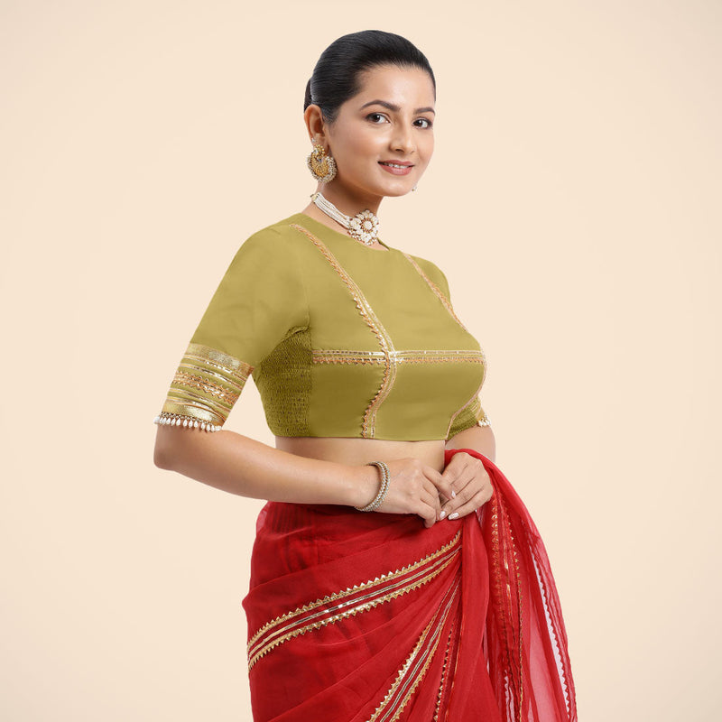 Farheen x Tyohaar | Lemon Yellow Embellished Elbow Sleeves FlexiFit™ Saree Blouse with Zero Neck with Back Cut-Out and Golden Gota Embellishment-Binks