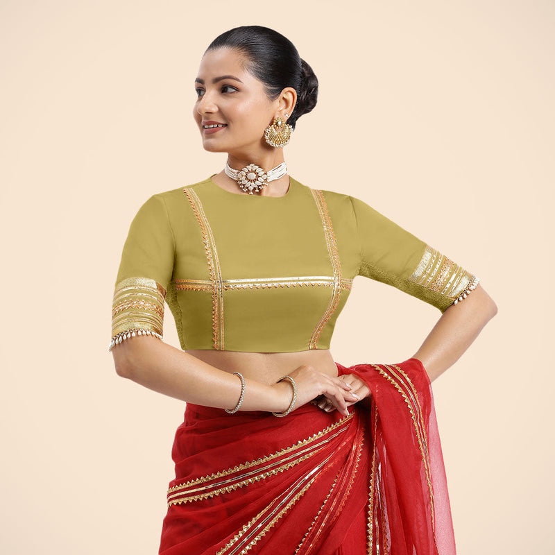 Farheen x Tyohaar | Lemon Yellow Embellished Elbow Sleeves FlexiFit™ Saree Blouse with Zero Neck with Back Cut-Out and Golden Gota Embellishment-Binks