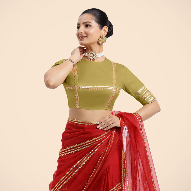 Farheen x Tyohaar | Lemon Yellow Embellished Elbow Sleeves FlexiFit™ Saree Blouse with Zero Neck with Back Cut-Out and Golden Gota Embellishment-Binks