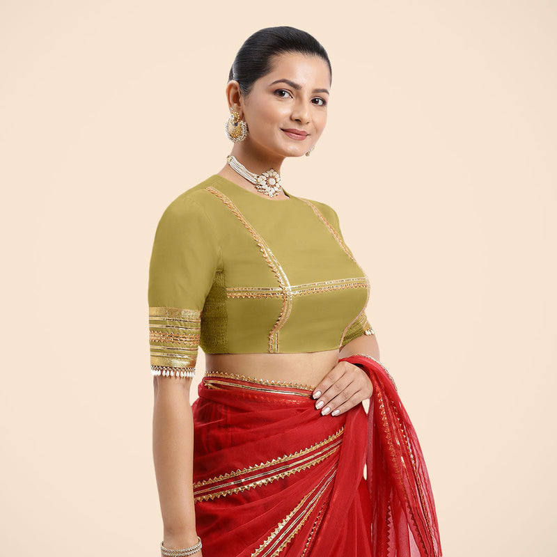 Farheen x Tyohaar | Lemon Yellow Embellished Elbow Sleeves FlexiFit™ Saree Blouse with Zero Neck with Back Cut-Out and Golden Gota Embellishment-Binks