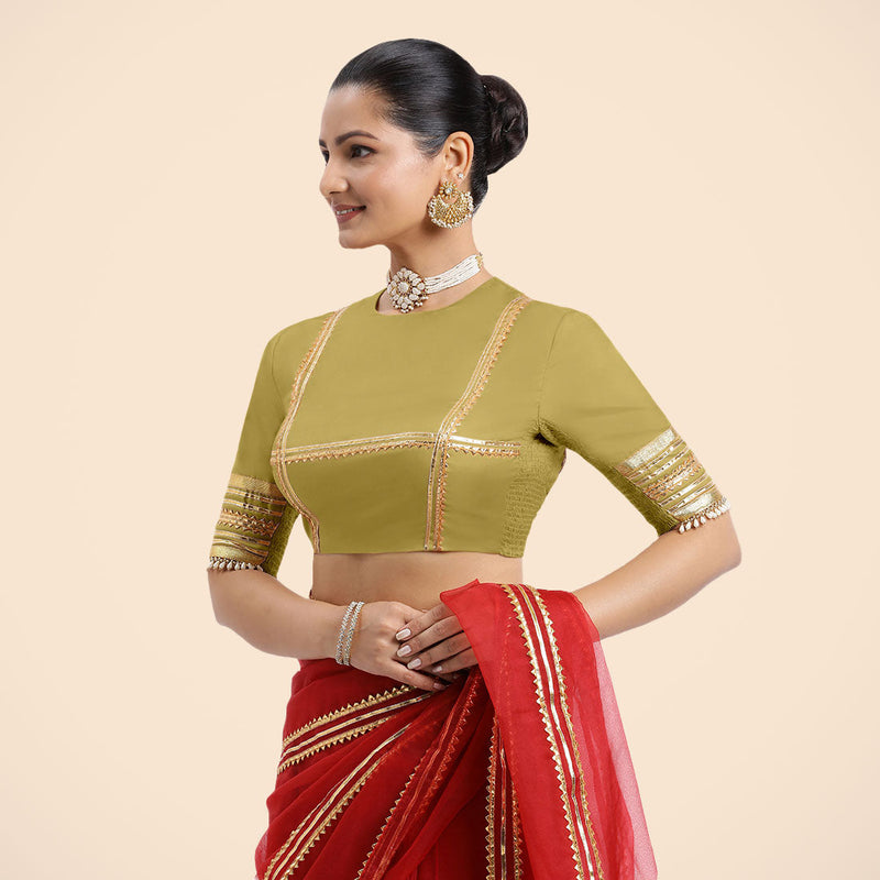 Farheen x Tyohaar | Lemon Yellow Embellished Elbow Sleeves FlexiFit™ Saree Blouse with Zero Neck with Back Cut-Out and Golden Gota Embellishment-Binks