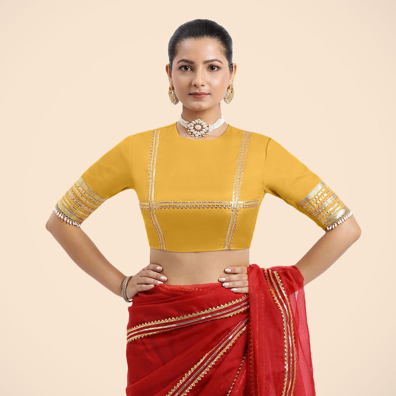 Farheen x Tyohaar | Elbow Sleeves Marigold Yellow FlexiFit™ Gota Embellished Saree Blouse with Jewel Neck-Binks