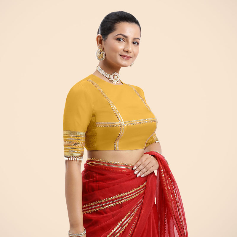 Farheen x Tyohaar | Elbow Sleeves Marigold Yellow FlexiFit™ Gota Embellished Saree Blouse with Jewel Neck-Binks