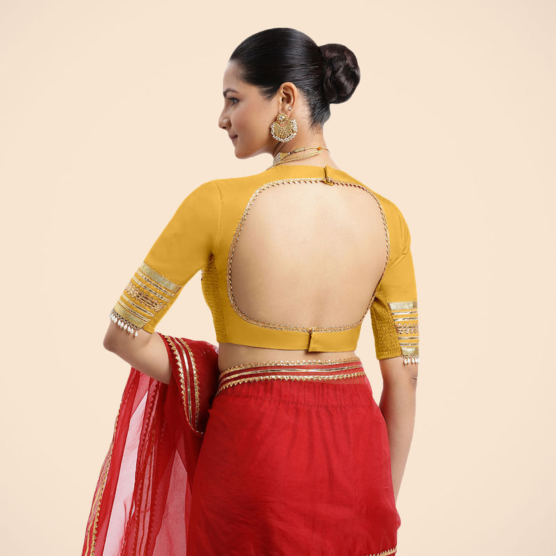 Farheen x Tyohaar | Elbow Sleeves Marigold Yellow FlexiFit™ Gota Embellished Saree Blouse with Jewel Neck-Binks