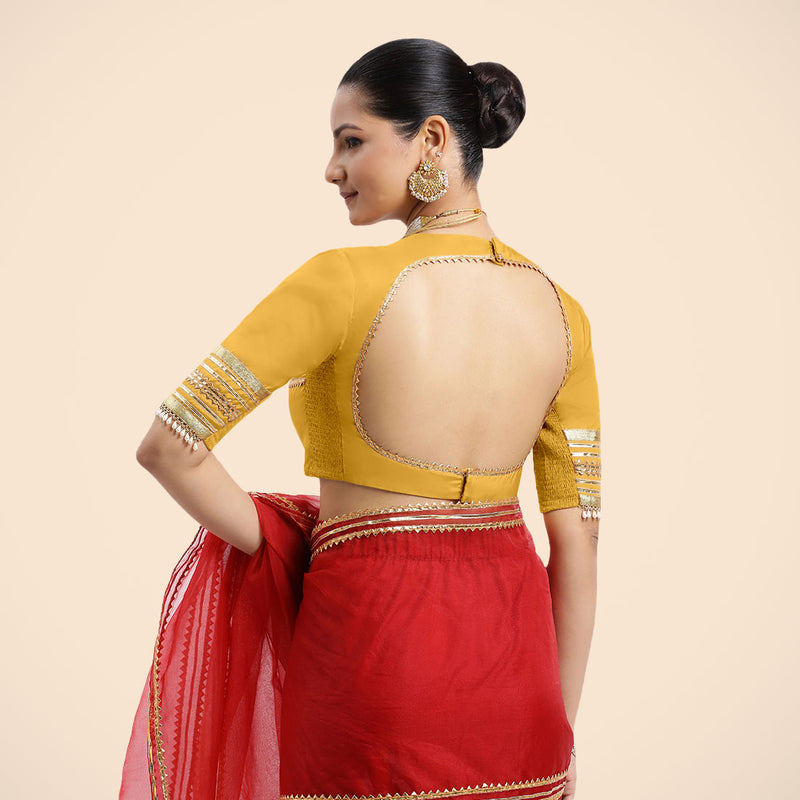 Farheen x Tyohaar | Elbow Sleeves Marigold Yellow FlexiFit™ Gota Embellished Saree Blouse with Jewel Neck-Binks
