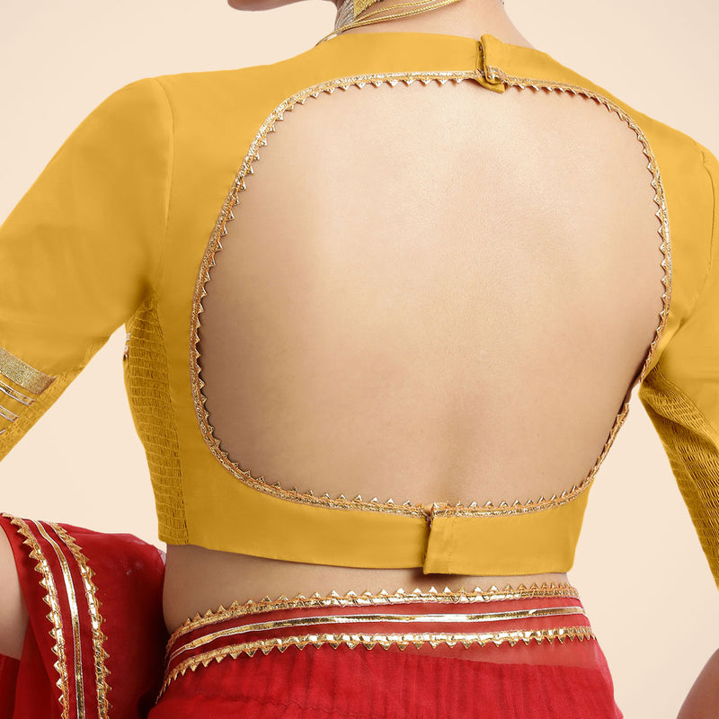 Farheen x Tyohaar | Elbow Sleeves Marigold Yellow FlexiFit™ Gota Embellished Saree Blouse with Jewel Neck-Binks