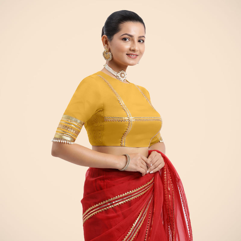 Farheen x Tyohaar | Elbow Sleeves Marigold Yellow FlexiFit™ Gota Embellished Saree Blouse with Jewel Neck-Binks