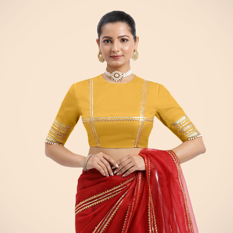 Farheen x Tyohaar | Elbow Sleeves Marigold Yellow FlexiFit™ Gota Embellished Saree Blouse with Jewel Neck-Binks