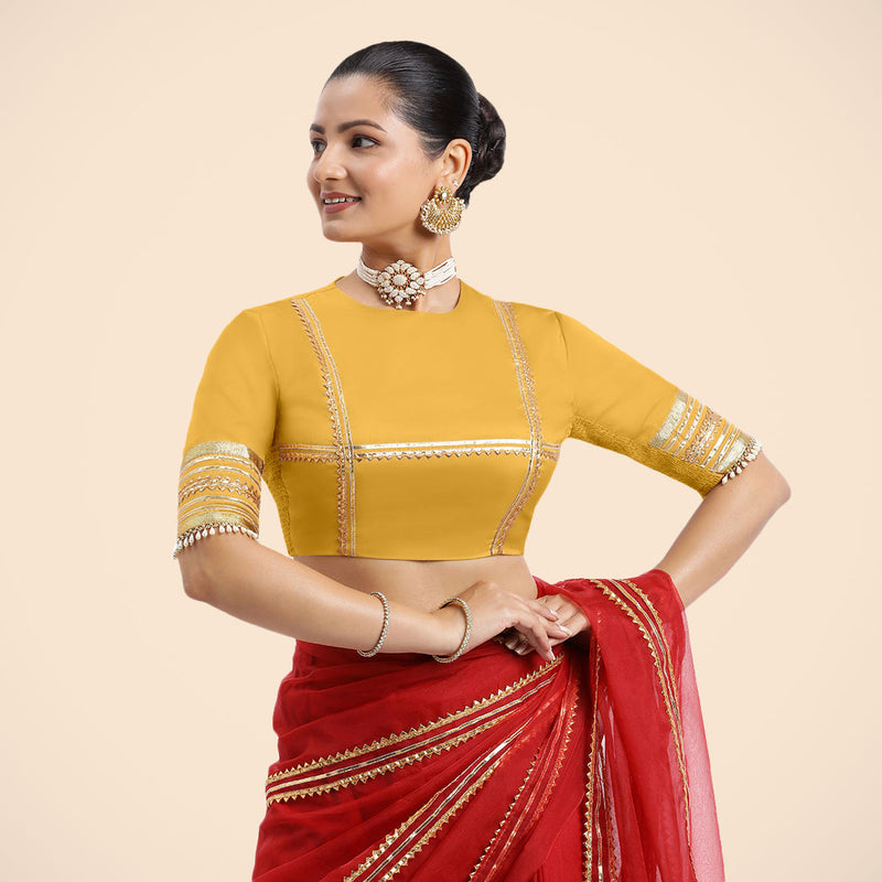 Farheen x Tyohaar | Elbow Sleeves Marigold Yellow FlexiFit™ Gota Embellished Saree Blouse with Jewel Neck-Binks