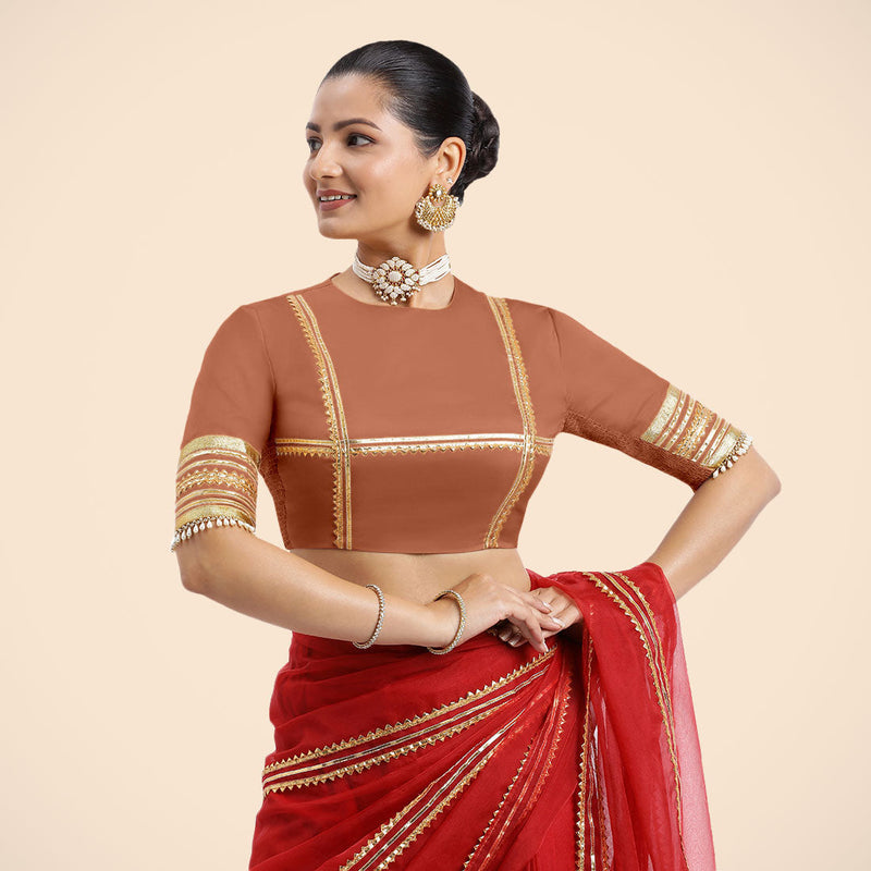 Farheen x Tyohaar | Metallic Copper Embellished Elbow Sleeves FlexiFit™ Saree Blouse with Zero Neck with Back Cut-Out and Golden Gota Embellishment-Binks