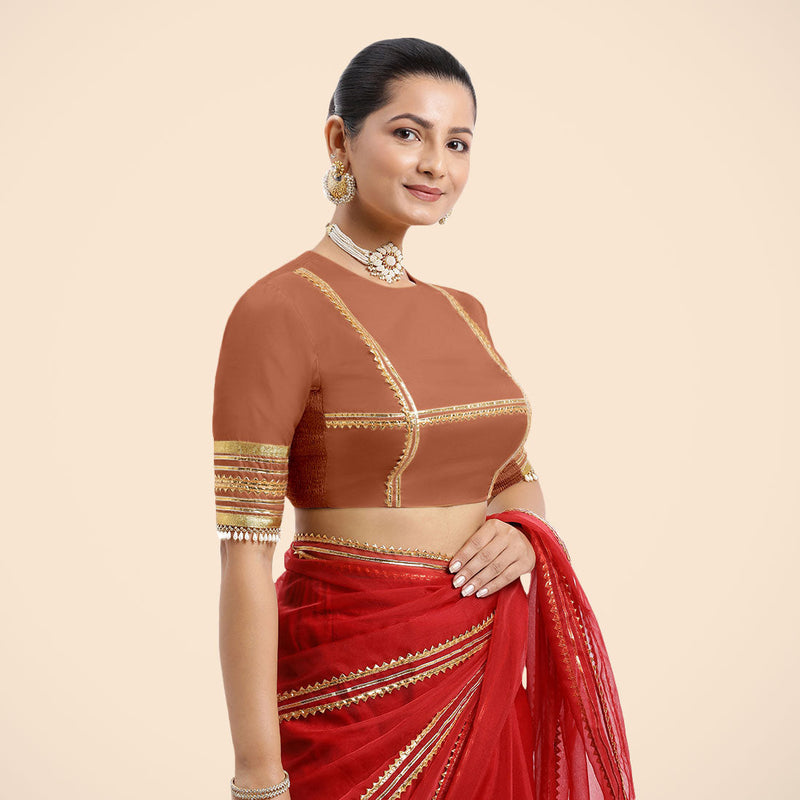 Farheen x Tyohaar | Metallic Copper Embellished Elbow Sleeves FlexiFit™ Saree Blouse with Zero Neck with Back Cut-Out and Golden Gota Embellishment-Binks